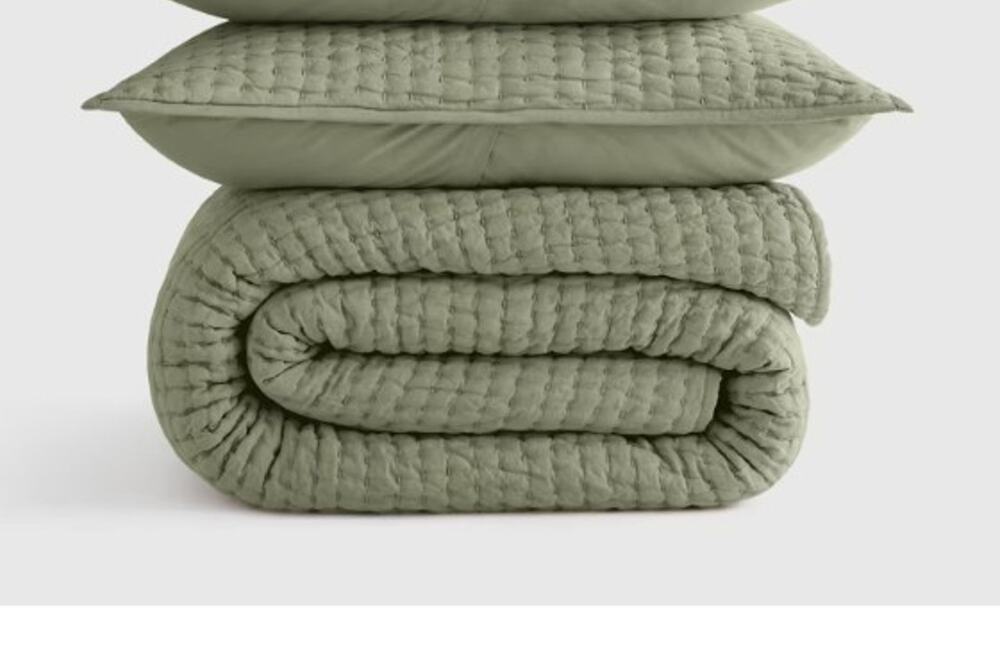Quince TWIN European Linen Cotton Stitch Quilt + Sham Willowleaf Green NEW